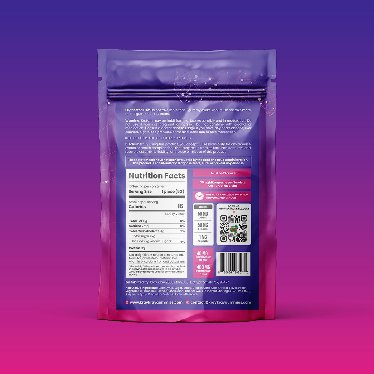 Kraynium by Kray Kray kratom gummies Sours, 10-gummy bag, back label